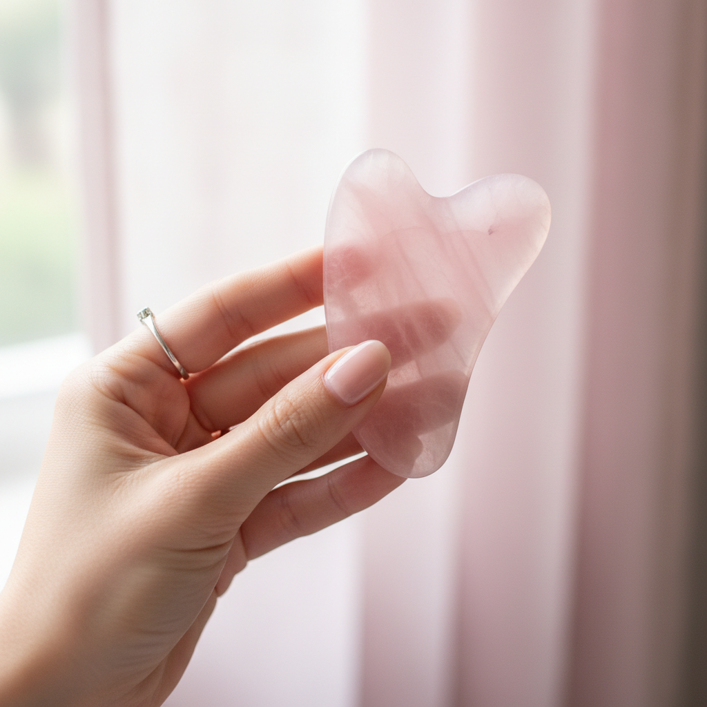 Rose Quartz Gua Sha Tool in hand