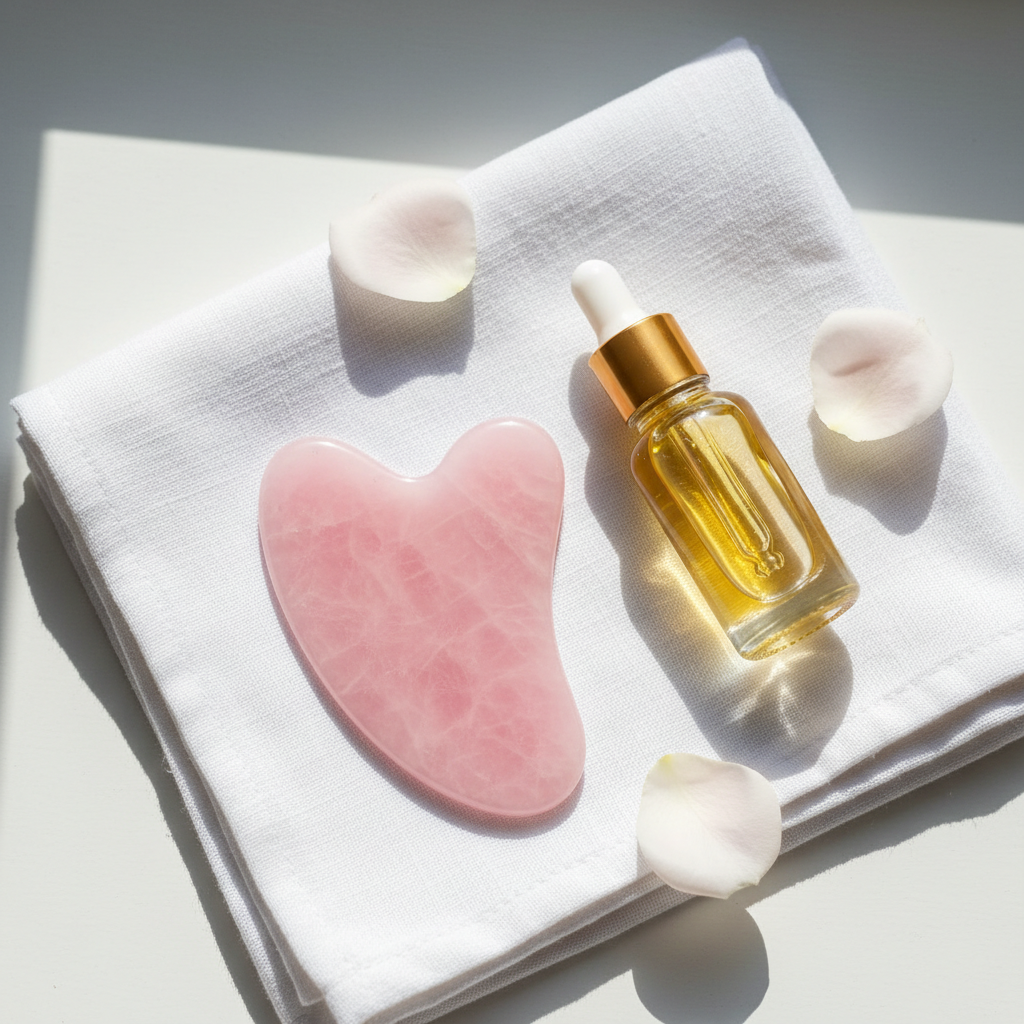 Rose Quartz Gua Sha Tool flat lay with oil